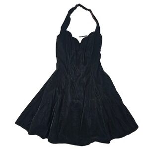 Vintage Black Velvet Halter Mini Dress Sweetheart Neck Skater Skirt LBD